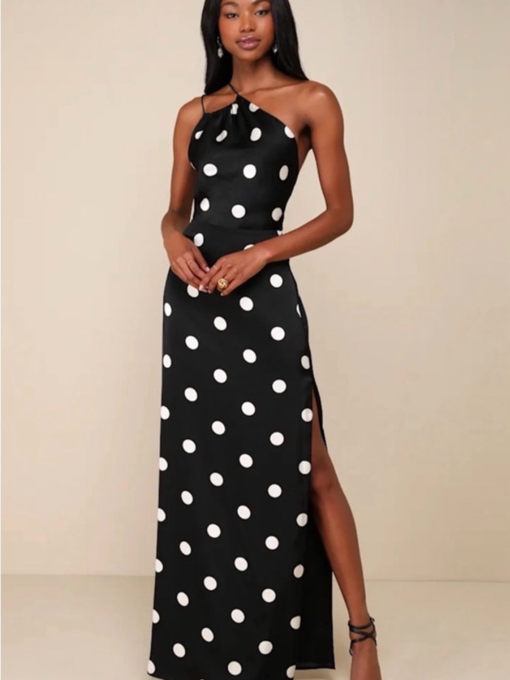 Lulus Chic Affection Black Polka Dot Satin Asymmetrical Maxi Dress